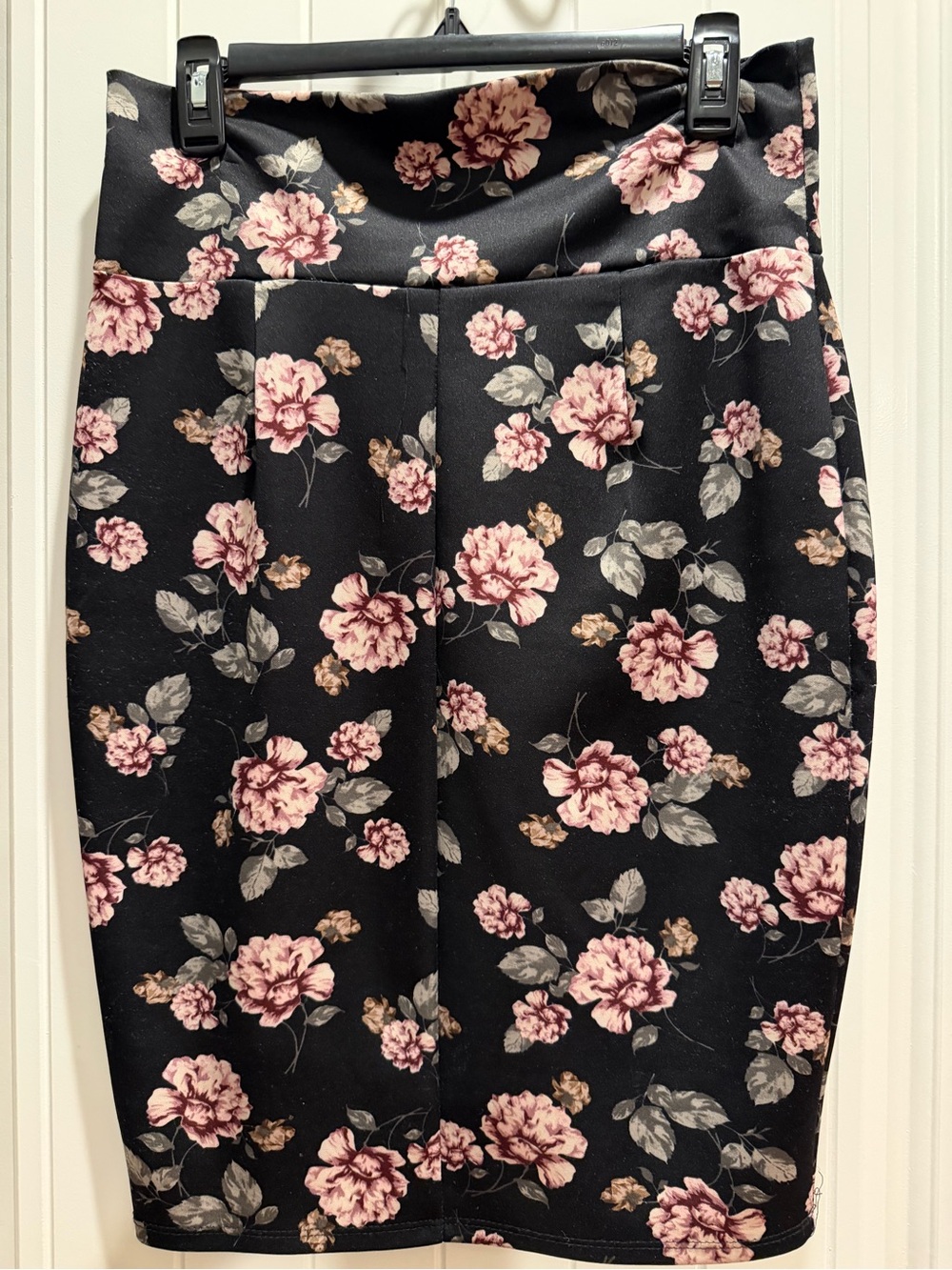 Black Floral Pencil Skirt with Blush Pink Roses